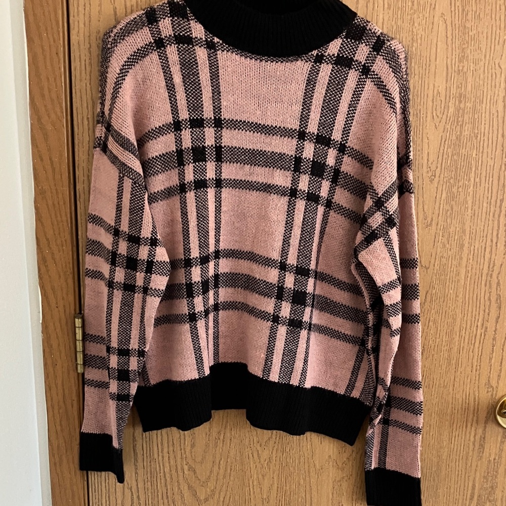 It's Our Time Pink and Black Plaid Turtleneck Sweater